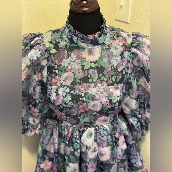 Selkie The Nirvana Royal Puff Sleeve Dress Fit Flare Chiffon Secret Garden M NEW - Picture 3 of 13